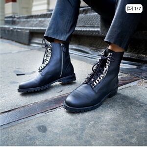 Rebecca Minkoff Janyi Chain Leather Combat Ankle Boots Black Lug Sole Size 8